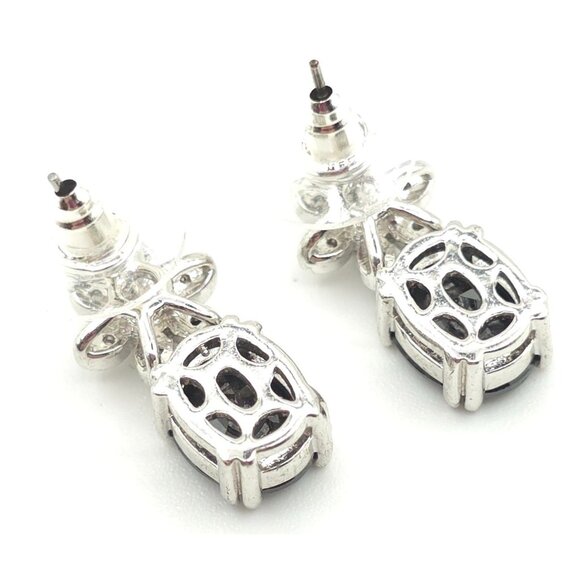 Silver Flower & Black Stone Drop Earrings With Sparkling Accents - Picture 5 of 6